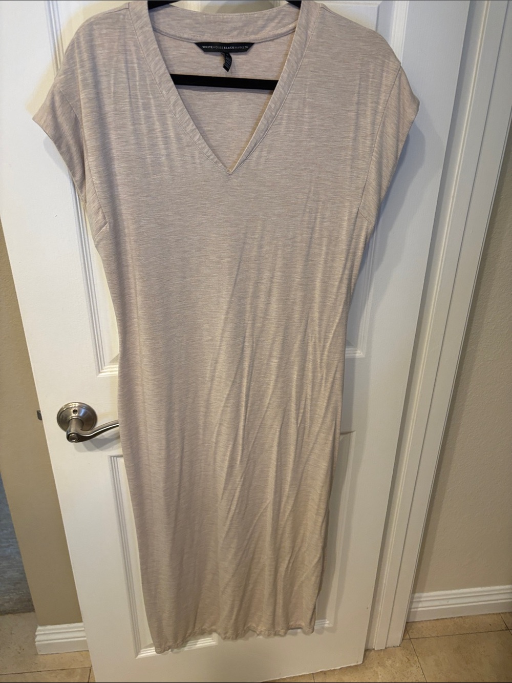 White House Black Market Beige V-Neck Cap Sleeve Midi Dress